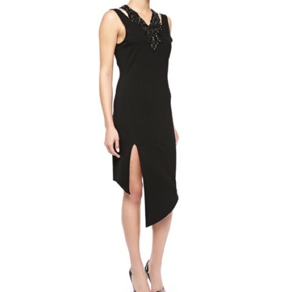 Sequined-neck asymmetrical midi dress